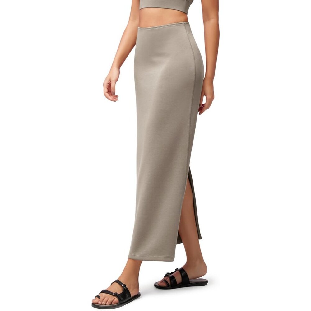 Women's Khaki Back Slit High Waist Casual Long Pencil Modal Soft Maxi Skirt - Picture 1 of 5